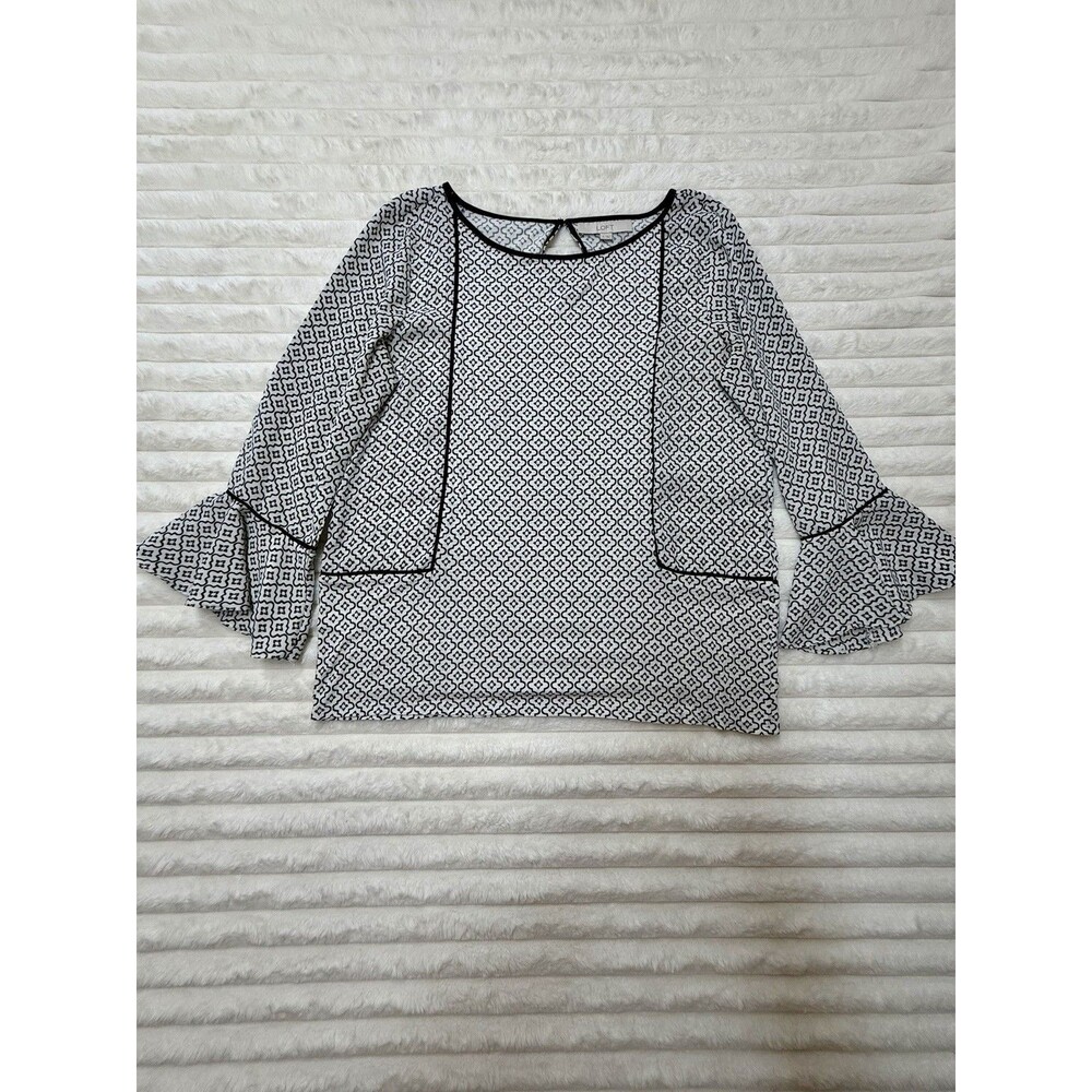 LOFT Women’s S Black White Geometric 3/4 Bell Sleeve Round Neck Tie Blouse